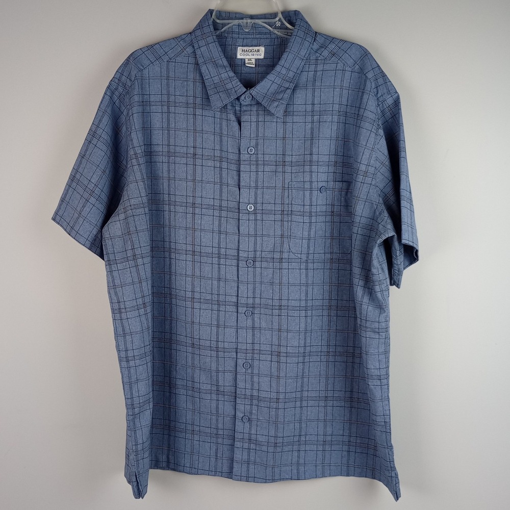 Haggar Mens XXL Blue Plaid Short Sleeve Cool 18 PRO Performance Button Up Shirt